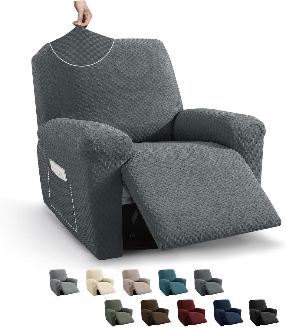 MAXIJIN Recliner Cover Slipcovers for Living Room 4 Pieces Stretch Jacquard Recliner Chair Cover Soft Fitted Recliner Protector with Elastic Bottom for Kids, Pets (Recliner, Dark Gray)