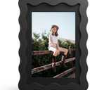 4x6 Picture Frame with Mat for 3.5x5, Wavy Edge Wooden Real Glass Photo Frame for Tabletop and Wall Hanging, Black, 1 Pack