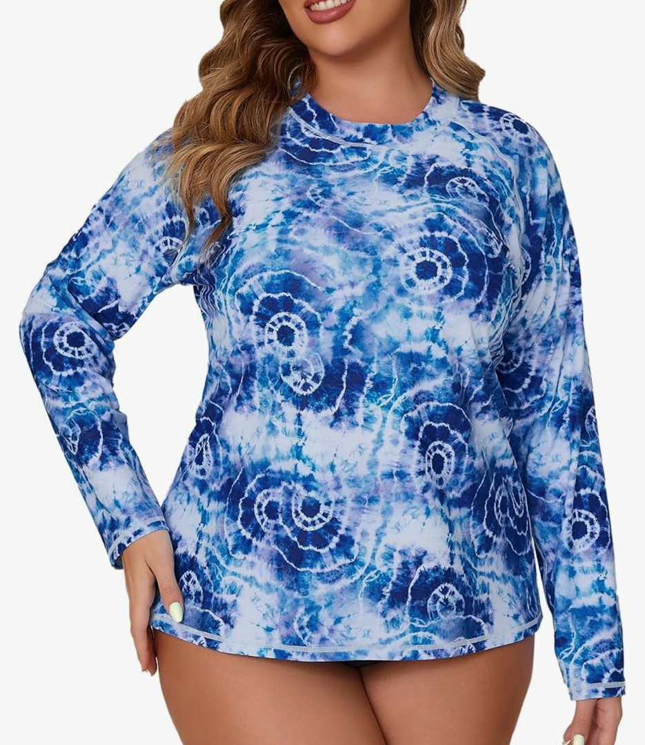 Halcurt Womens Plus Size Long Sleeve Rash Guard Swim Top with Built in Bra Loose Fit UPF50+ Sun Protection Swimsuit 1X