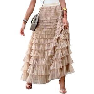 MAKEMECHIC Women's Mesh Maxi Skirt Tulle Ruffle Layered High Waist Flowy Fairy Skirts (Beige)
