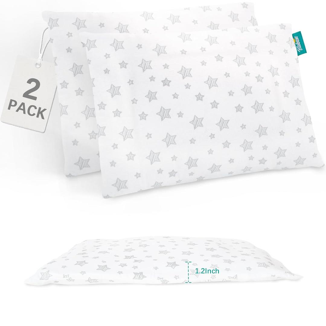 Thin Toddler Pillow 2 Pack with Pillowcase (13 x 18 x 1.2 Inches), Cotton Kid Pillow for Sleeping, Machine Washable Soft Travel Pillows, Toddler Use Only, Age 2 to 5 (Grey Star)