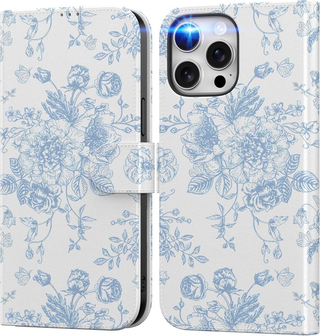 DEENAKIN for iPhone 13 Pro Wallet Case with Card Holder + Cash Clip, RFID-Blocking, Military-Grade Drop Protection, Magnetic Closure with Leather Kickstand - Blue Floral Design