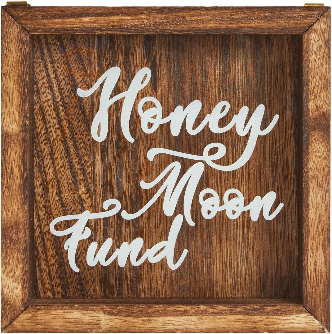 Juvale Honeymoon Fund Box Wedding Decorations for Reception - 7 x 7 Inch Wooden Rustic Wedding Card Box