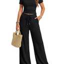 Trendy Queen Womens Lounge Two 2 Piece Sets Summer Spring 2026 Airport Outfits Travel Matching Sweatsuit Sweat Suit Workout Cruise Clothes Vacation Loungewear Pajamas Fashion Holiday Black Large