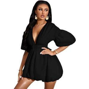 WDIRARA Women's Deep V Neck Puff Sleeve High Rise Flare Dress Elastic Waist Dress, Small