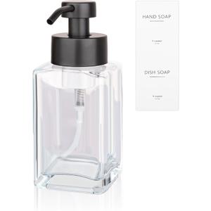 Foaming Soap Dispenser with Stainless Steel Pump, 12oz Refillable Glass Liquid Dish Soap Bottles for Bathroom, Kitchen Sink, Home Decor