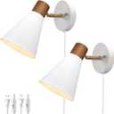 White Plug in Wall Sconces Set of 2, Modern Wall Light with Plug in Cord, Wooden Plug in Sconce with Hammered Metal Shade, Corded Wall Sconce Light Wall Lamp for Bedroom, Living Room, Hallway