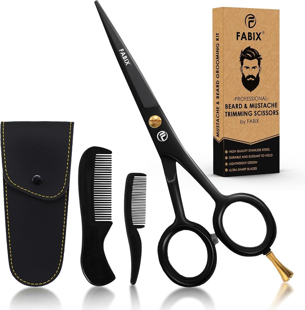 5 Professional Beard Mustache Scissors with 1 Beard Comb, 1 Mustache Comb and Travel Pouch - Perfect Beard Trimming Scissors for All Facial Hair Scissors - Grooming Scissors