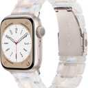 Resin Watch Band Compatible with Apple Watch Band for Women 42mm 44mm 45mm Tortoise Metal Buckle Wristband Bracelet Strap for iWatch Series 10 9 8 7 6 5 4 3 2 1 SE(Creamy starlight)