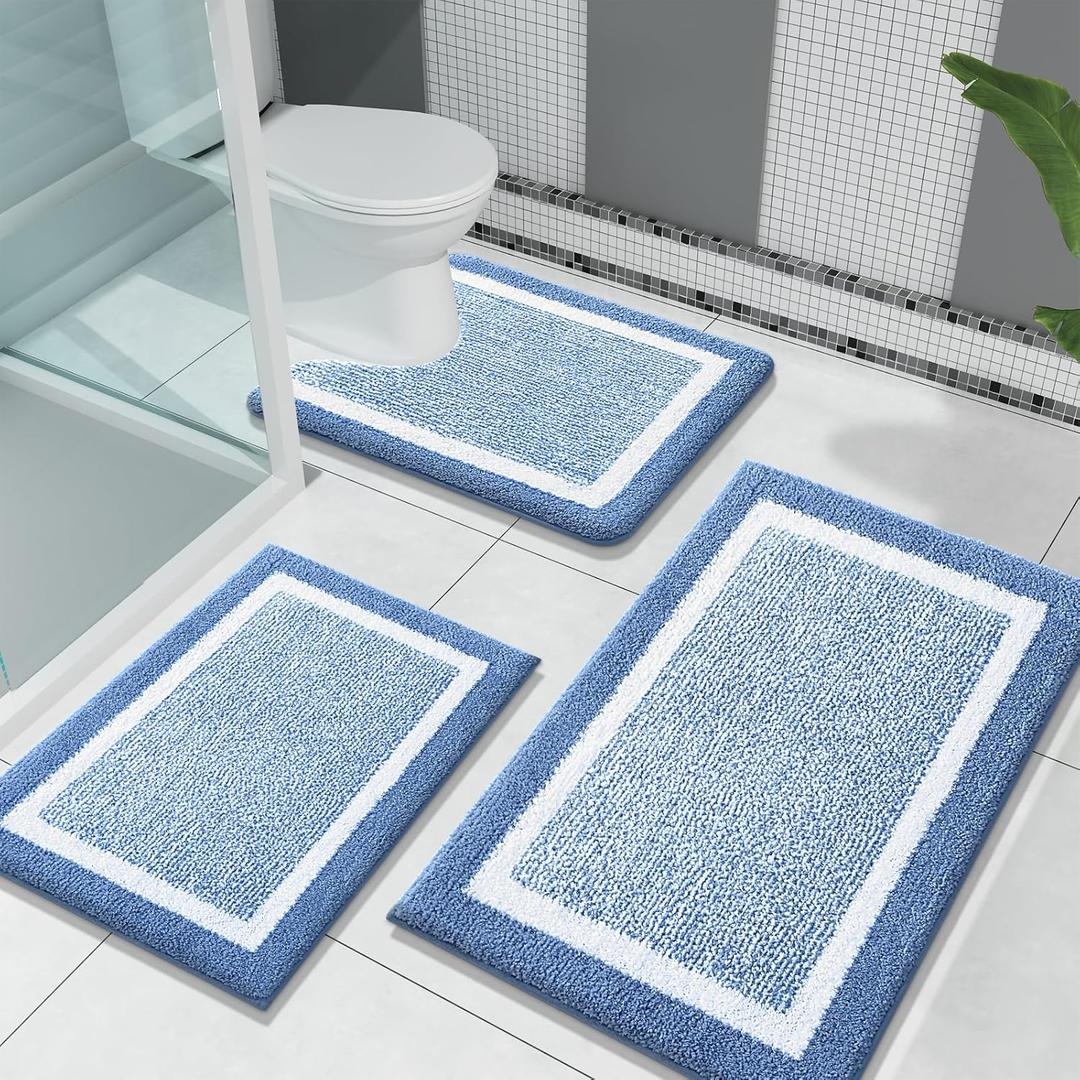 OLANLY Bathroom Rugs Sets 3 Piece, Soft Absorbent Microfiber Bath Mats and U-Shaped Contour Toilet Rug, Home Decor Accessories, Non-Slip, Bath Mat Set for Bathroom (30"x20"+24"x16"+24"x20", Blue)