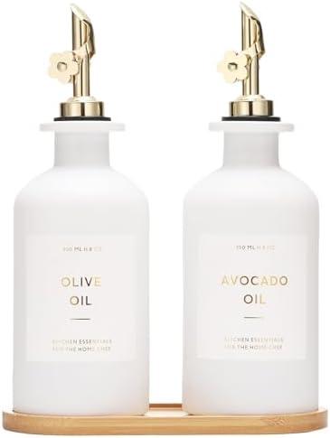 HOMCDALY Olive Oil Dispenser for Kitchen, 11.8oz Glass kitchen Dispenser Bottle, Gold Oil&Vinegar Cruet Set, Leakproof Oil Containers for Cooking| Set of 2 (11.8oz – Gold)