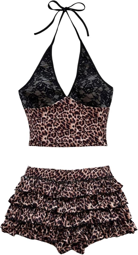 MakeMeChic Women's Two Piece Y2k Outfit Cheetah Print Lace Halter Crop Tops and Tiered Ruffle Shorts Set Multicolor Small