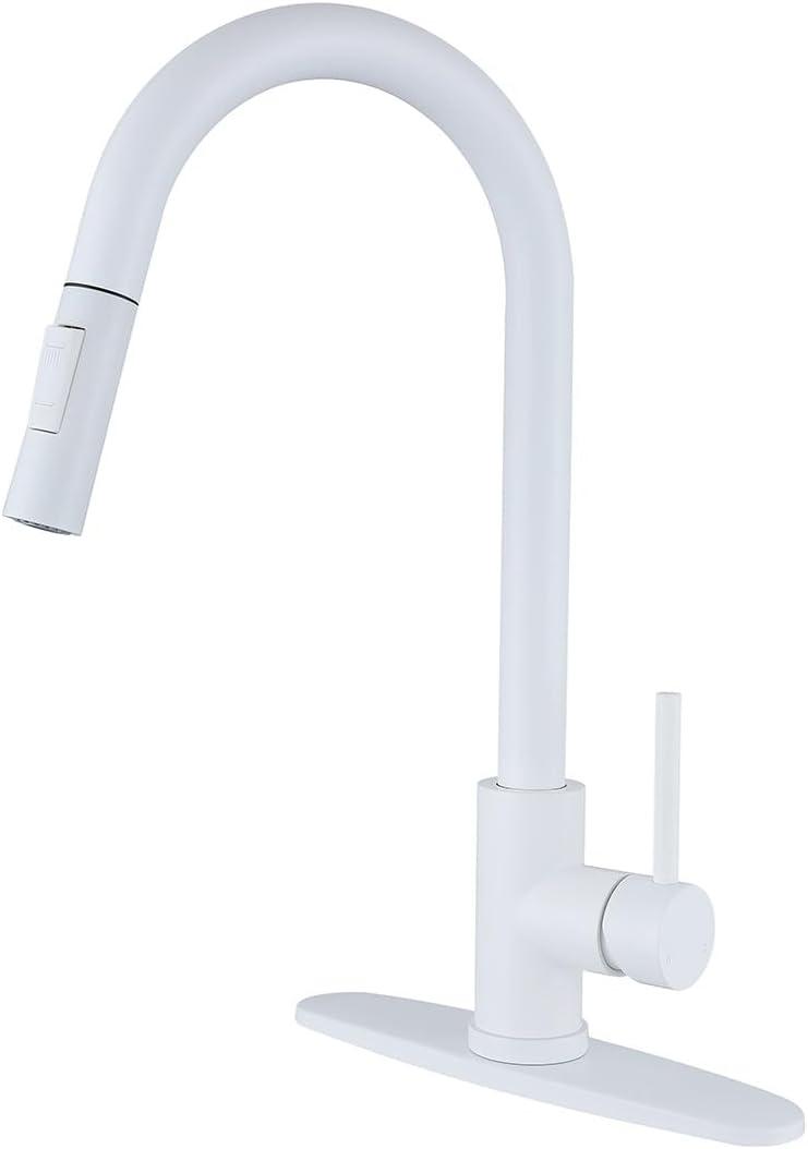 White Kitchen Faucet with Pull Out Sprayer, Copper Kitchen Faucet with Deck Plate