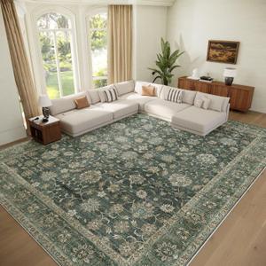 Washable 9x12 Area Rugs for Living Room, Boho Non-Slip Vintage Distress Lager Rugs for Bedroom Dining Room Nursery Office, 0.3" Neutral Oriental Throw Thin Carpet, Sage Green/Multi, E1
