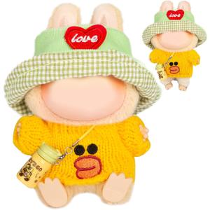 3-Piece Doll Clothes Designer Kawaii Knit Sweater Set for 17cm Doll, Cute Doll Outfit with Accessories for Dress-Up or Display - Yellow (No Doll)