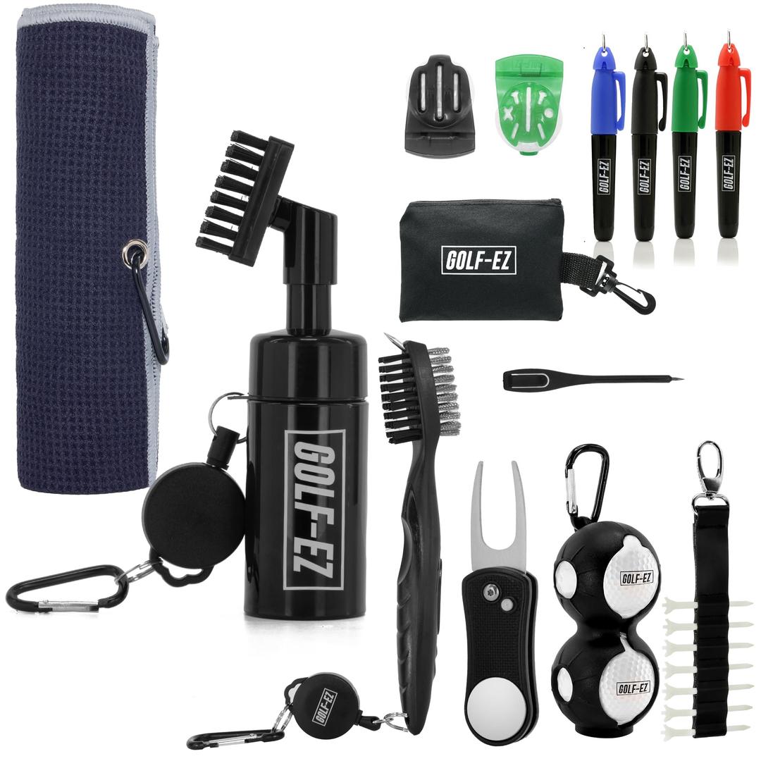 Golf Essentials Kit | Must-Have Accessories – Water Brush, Towel, Club Brush, Ball Marker, Divot Repair Tool, Ball & Tee Holder, Golf Gifts for Men & Women
