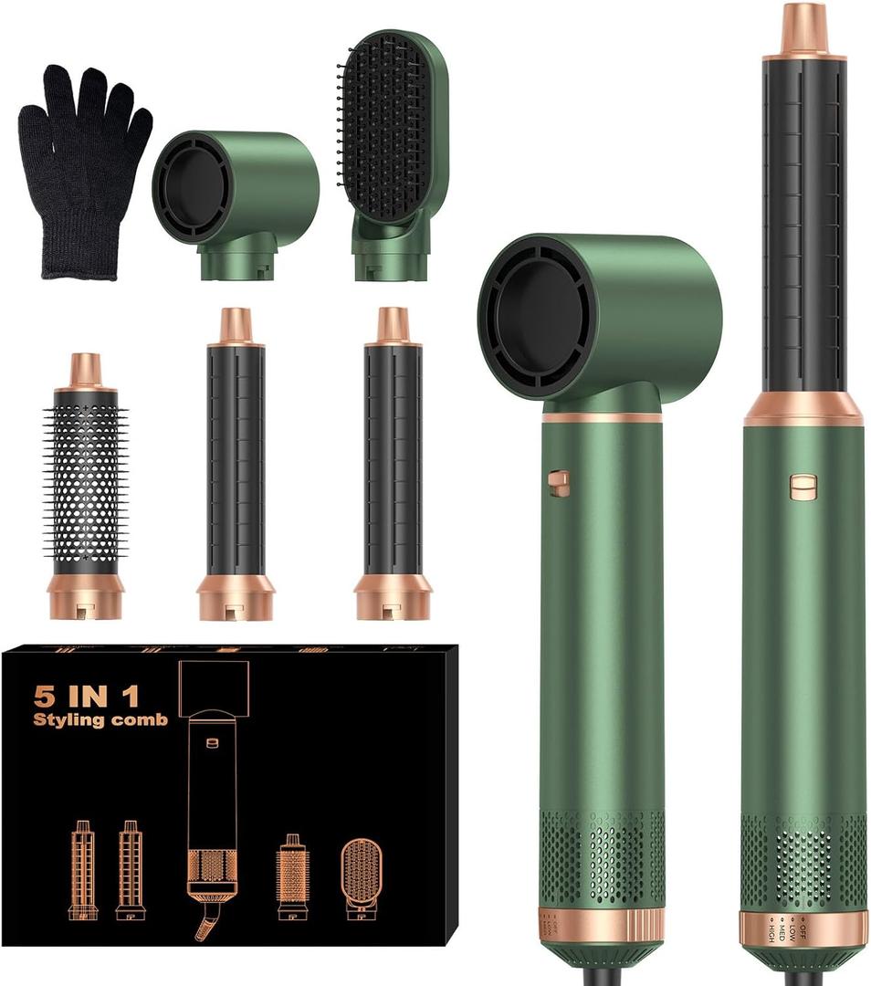 5 in 1 Blow Dryer Brush, Upgrade Hair Dryer Brush Set Negative Ion Air Styler Curling Wrap Air Curler, Hot Air Brush Curling Iron Hair Styling Tools As A Gift for Straight/Curl/Dry/Smooth (Green and Gold)