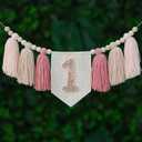 Handmade Boho Pink One High Chair Banner Girl for First Birthday Decorations Wall Hangings Wood Bead Tassel Garland 1st Party Decorations Cake Smash Photo Props