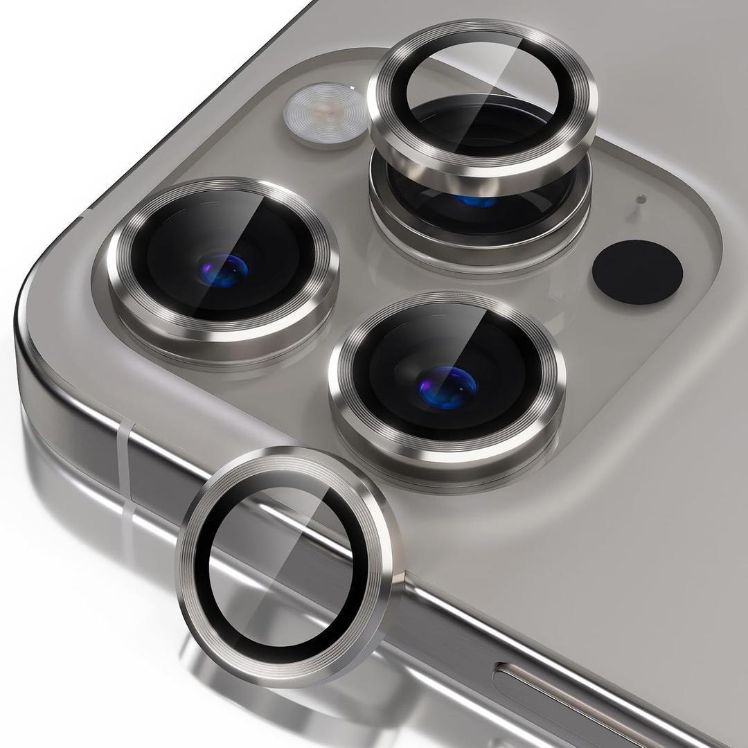 Misea Compatible for iPhone 16 Pro/iPhone 16 Pro Max Camera Lens Protector, Ultra-HD Tempered Glass Camera Cover Screen Protector Metal Individual Ring Protector Accessories, Natural Titanium
