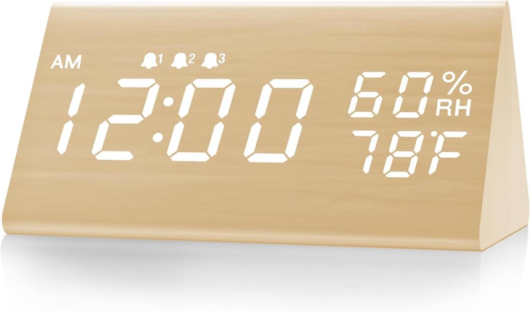 JALL Digital Alarm Clock, with Wooden Electronic LED Time Display, 3 Alarm Settings, Humidity & Temperature Detect, Wood Made Electric Clocks for Bedroom, Bedside (Yellow)