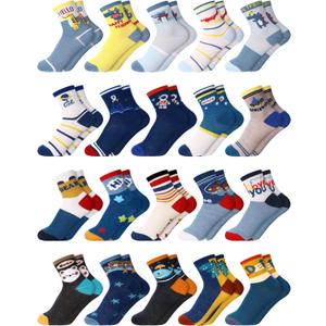 20 Pair Cartoon Socks for Boys Toddler Car Dinosaur Patterned Sport Round Neck Boys Dress Socks (9-13 Years, Cute)