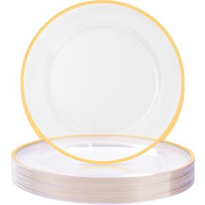 12 Inch Disposable Charger Plates, 25 Pack Plastic Clear Plates with Gold Rim, Perfect Table Decor for Party, Wedding, Dinner