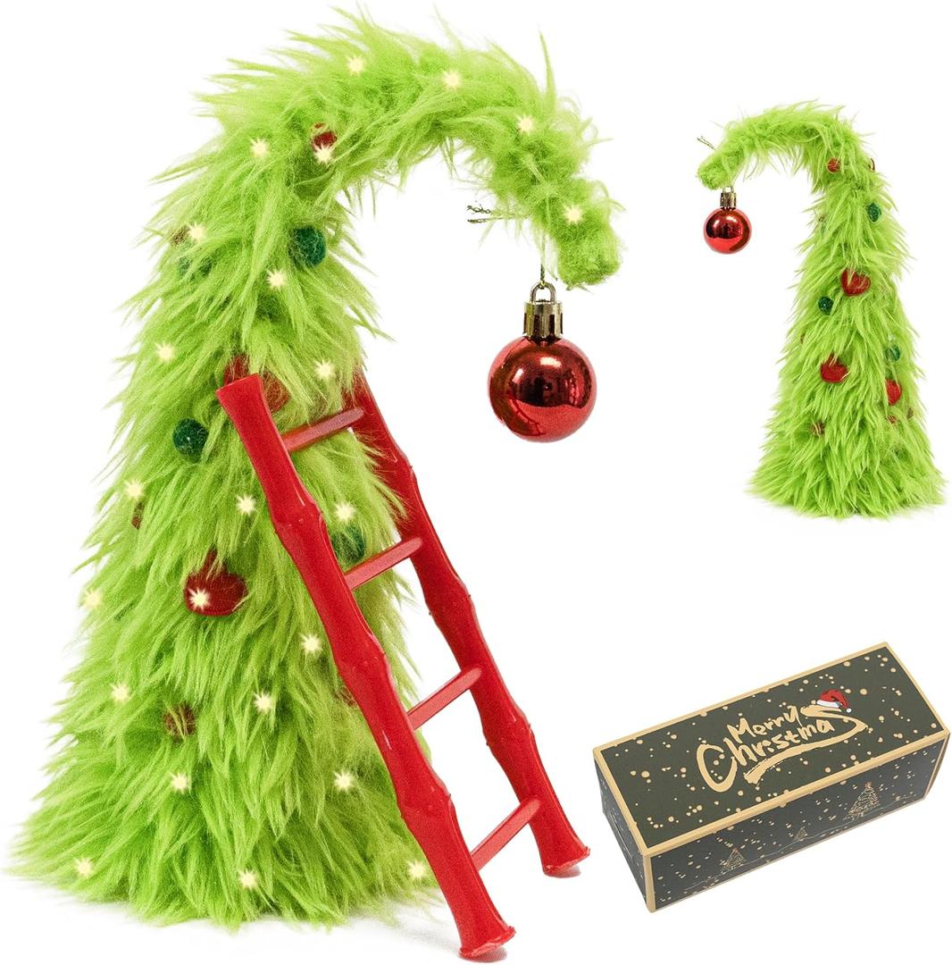 Decxmas 1ft Tabletop Bendable Mini Christmas Tree with Lights, Small Whimsical Lime Green Xmas Tree with Top Ball, Table Centerpiece Decoration for Christmas Party Home