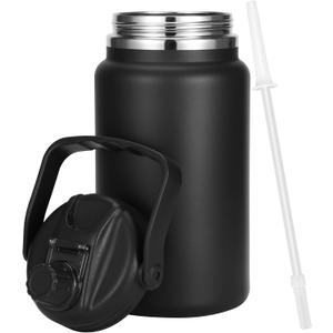 1 Gallon Thermos flask with Straw, 135oz Stainless Steel Insulated Water Bottle 4L Oversized Double Wall Vacuum Jug with Handle for Hot Cold Drinks, Wide mouth Ice buckets for Hiking Sports (Black)