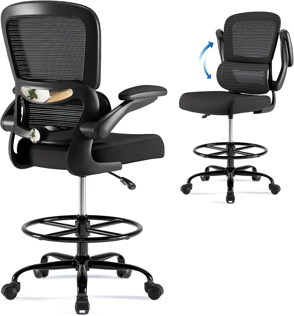 TRALT Drafting Chair - Tall Office Chair with Lumbar Support for High Desk | Ergonomic Standing Desk Chair with Adjustable Footrest Ring - High Office Chair with Flip-up Armrest for Adults (Black, 1)