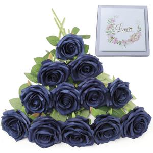 LVEFIT Artificial Rose Flower Navy Blue Flowers Navy Blue Roses Silk Flowers 12 pcs with Long Stem Silk Roses Bouquet for Wedding Bridal Shower Party Home Decoration
