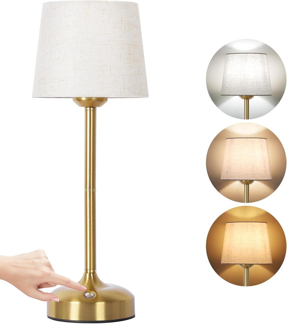 OUTON 15.7" Cordless Dimmable Table Lamp with 3 Color Temperatures, 5200mAh Rechargeable Battery, Touch Bedside Lamp with Memory Function, Fabric Shade for Bedroom, Living Room, Dining, Patio (Gold)