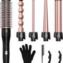 Lopeie 5 in 1 Wand Curling Iron Set, Hair Styling Tools with Thermal Brush and 4 Interchangeable Ceramic Barrels from 1/2 to 1 1/2 inch, Fast Heating, Dual Voltage Hair Curler, Gifts for Women (Rose Gold)