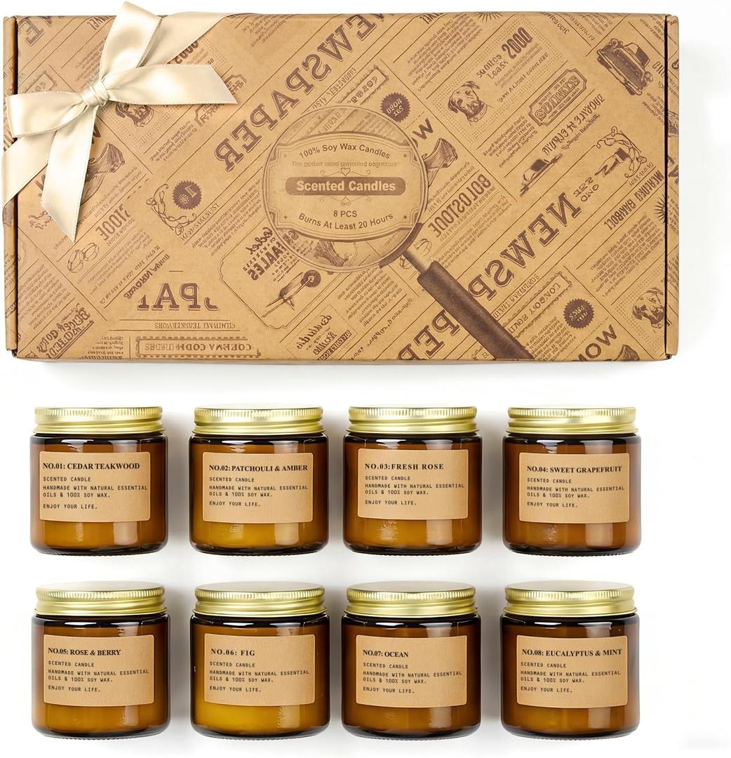 Scented Candles for Home, 8 Pack Soy Wax Candle Set, Aromatherapy Candles, Amber Jar Vintage Apothecary Style, 8 Scents Gift Set