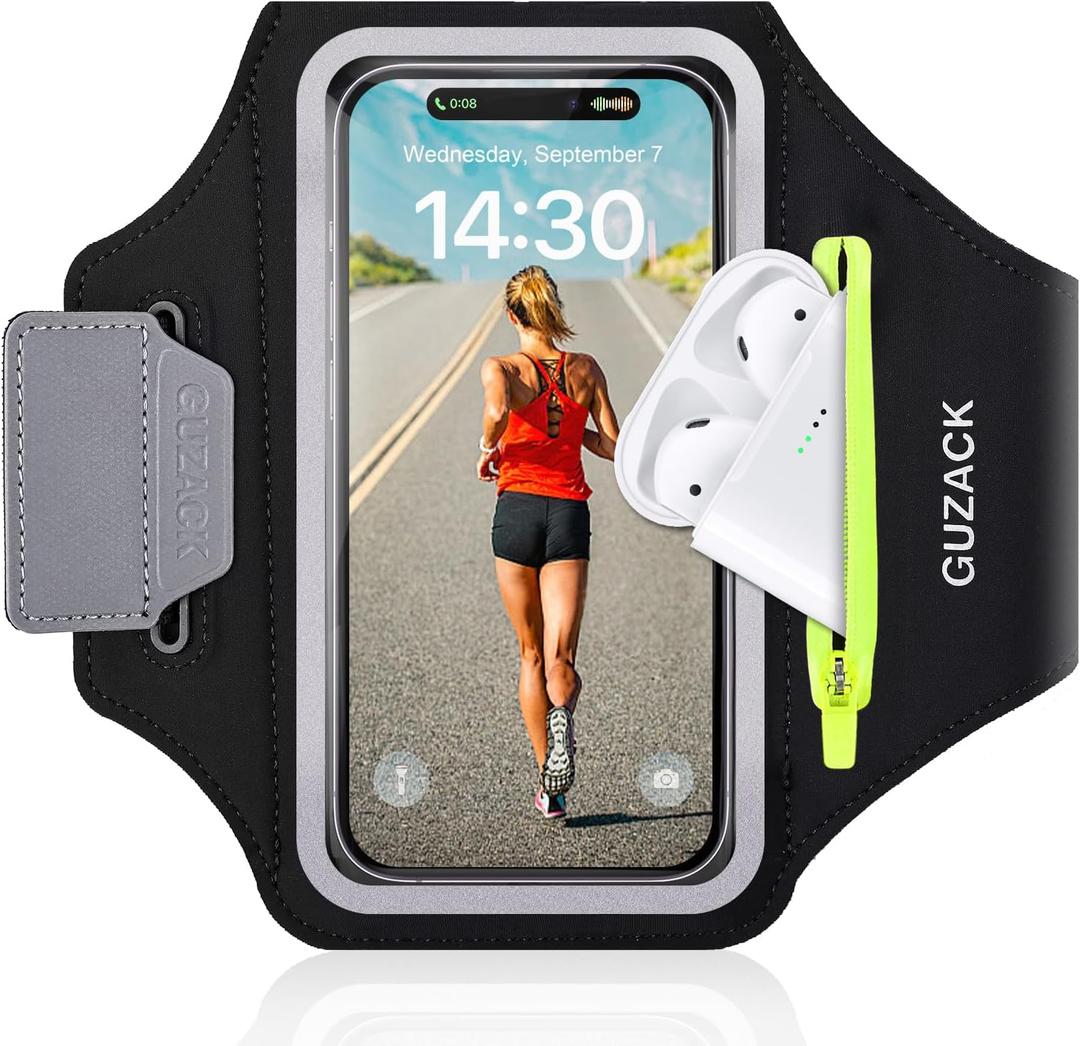 GUZACK Running Armband for iPhone 17 16 15 14 13 Pro Max, Galaxy S25 S24 S23 S22, with Card Slot & Key Pockets, Running Phone Holder, Fit Up to 6.9 Inches Phone - Size S (Smaller Arm 9-14 in)