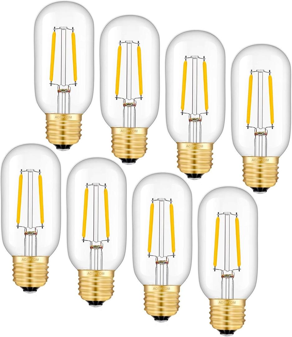 AOMRYOM 2W LED Tubular Bulb 2700K Soft White, 25 Watt Equivalent 250 Lumen, E26 Medium Base, Vintage Edison T45 Tubular Clear Glass Lengthened Filament Dimmable LED Light Bulbs, Pack of 8