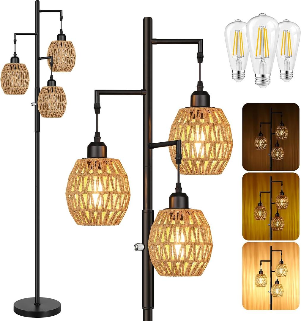 ROTTOGOON Dimmable Boho Floor Lamp - 3 Light Farmhouse Rattan Floor Lamps for Living Room, Tree Floor Lamps with Bohemian lampshades, Rustic Standing Tall Lamps for Bedroom, Office, 68", 6W, Black