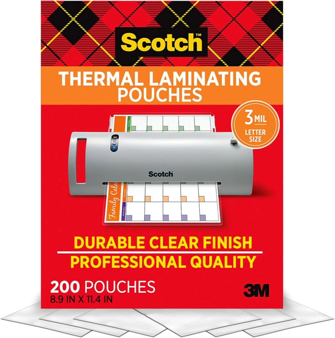 Scotch Thermal Laminating Pouches, 200 Count, Clear, 3 mil., Ideal Office or School Supplies, Fits Letter Sized Paper (8.9 in.  11.4 in.)