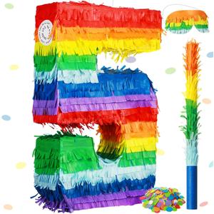 Sratte Rainbow Number Piata Multicolor Piata Small Birthday Party with Blindfold Stick and Confetti for Birthday Anniversary Cinco De Mayo Fiesta Party Decor(Number 5)