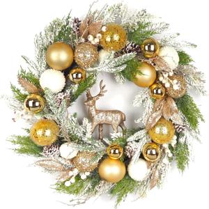 24 inch Pre-Lit Gold Christmas Wreath for Front Door Outdoor, Decorated with Ornaments, Deer Figurine, Flocked Artificial Green Pine Branches, White LED Lights