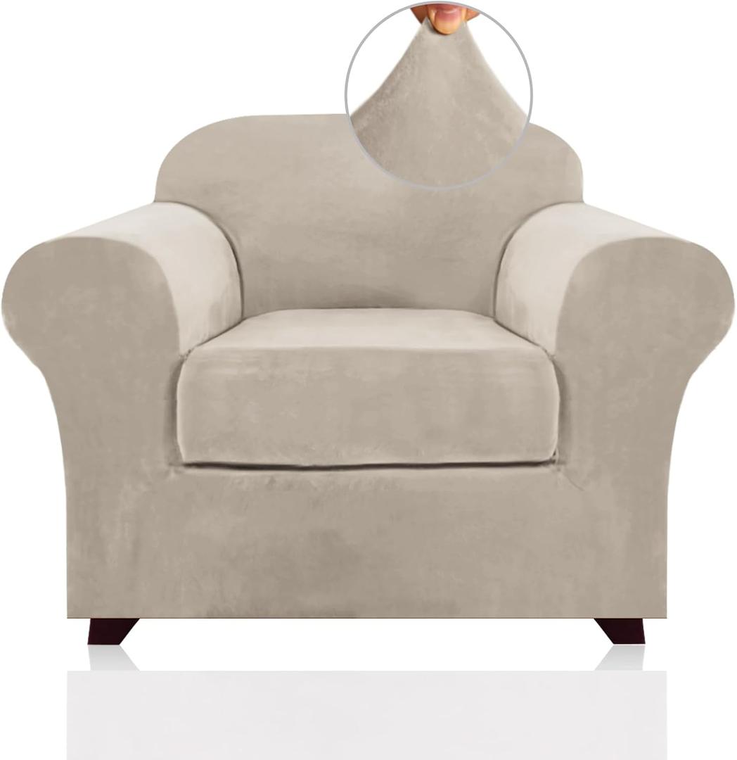 PrinceDeco Velvet Plush Couch Cover Stretch 2 Piece Chair Cover Chair Slipcover Washable Furniture Protector Couch Soft with Elastic Bottom Armchair Cover Width Up to 49 Inch(Small, French Oak)
