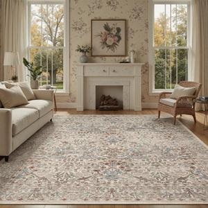 DCX Beige 6x9 Area Rug, Machine Washable Non Slip Stain Resistant Soft Vintage Floral Rug, for Living Room, Bedroom, Dining Room, Soft Low Pile Large Carpet