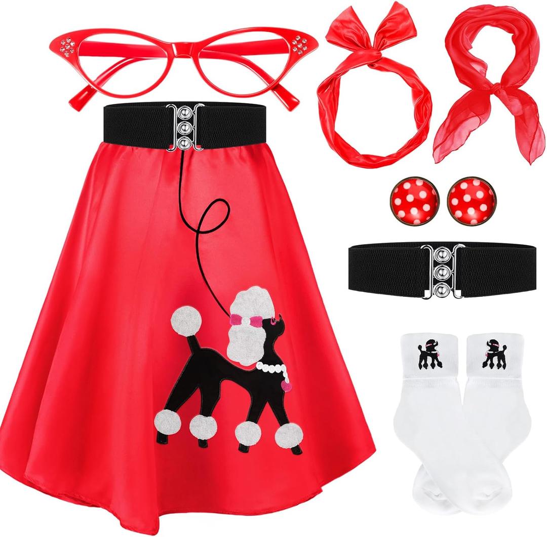 Women 1950s Poodle Skirt Costume Outfit Sock Hop Costume Skirt Scarf Belt Sock Eyeglass (X-Large, Red)