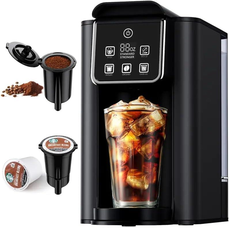 Hot & Iced Coffee Maker with Bold Setting, Single Serve Coffee Maker for K Cup and Grounds, 6-14 Oz Brew Sizes, 50 Oz Removable Water Tank, One Cup Coffee Machine with Reusable Filter, Black