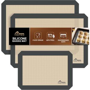 HOTEC Silicone Baking Mats 3 Pack  Non-Stick Reusable Silicone Baking Sheets for Oven  Cookie & Macaron Mats  2 Half Sheet + 1 Quarter Sheet  BPA-Free, Dishwasher Safe (Gray)