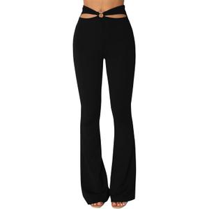 ZAFUL Women's Cut Out High Elastic Waist Long Pants Flare Leg Solid Wide Leg Trousers