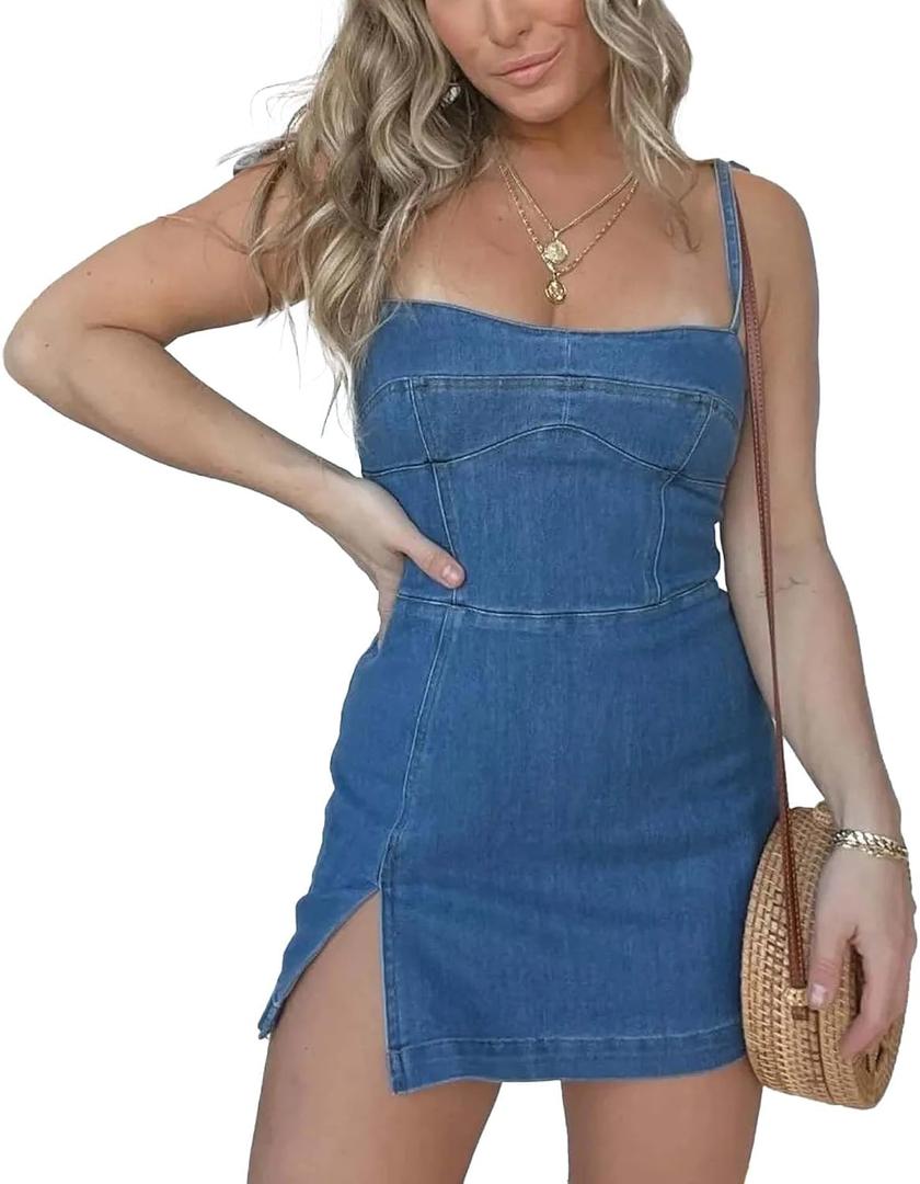 SOMTHRON Women's Tie Shoulder Denim Mini Dress Sleeveless Side Slit Smocked Bodycon Short Jean Dress, Medium