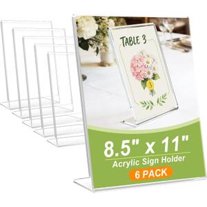 6 Pack Acrylic Sign Stand Holders, 8.5 x 11 Clear Plastic L Shape Table Paper Display Stand, Suit for Displaying Posters, Picture, Flyers, Menu