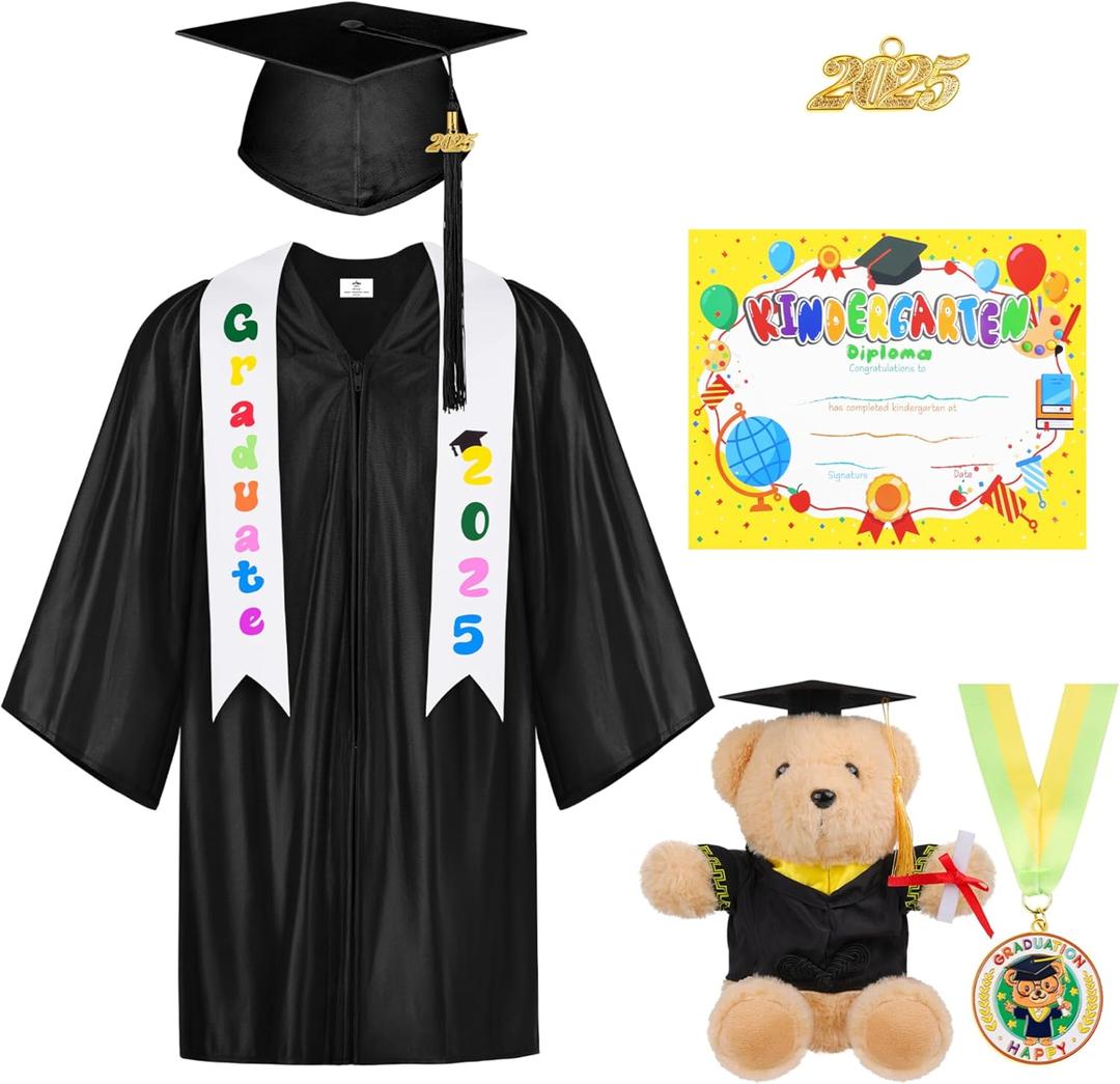 AOTHSO 8Pcs Kindergarten Graduation Cap and Gown Tassel Set 2025 with Stole Bear Certificate for Preschool Kids (27, Black)