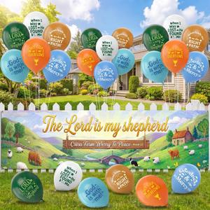Thenshop 31 Pcs 2026 Vbs Backdrop 8.7 x 2 ft Vbs Shepherds Background Banner and Balloon with Ribbon 2026 Emerald Isle Theme Decoration Bible School Backdrop for Wall Home Classroom Summer Booth Props