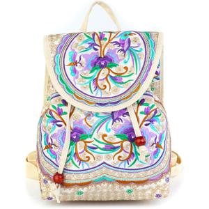 Goodhan Vintage Embroidered Backpack Purses for Women - Boho Shoulder Bag for Travel, Ethnic Floral Mini Back Pack, Lightweight Handbags for Daily Use (Beige-Purple)